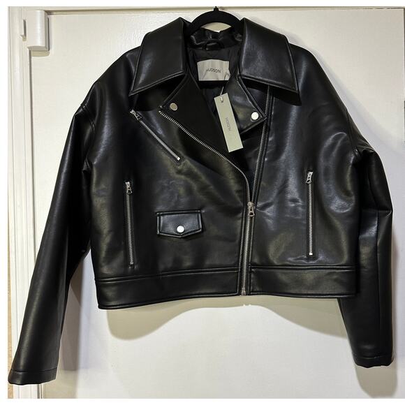 Hudson Faux Leather Black Jacket Small NWT Sample Piece Biker Jacket Moto Detail - Picture 1 of 13